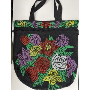 Vtg 70s Candy Dot Beaded Floral Drawstring Bag Hong Kong‎ Boho Evening Purse